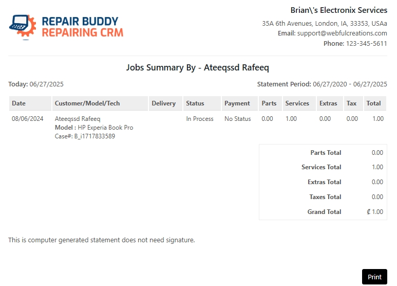 Customer job summary by selected customer
