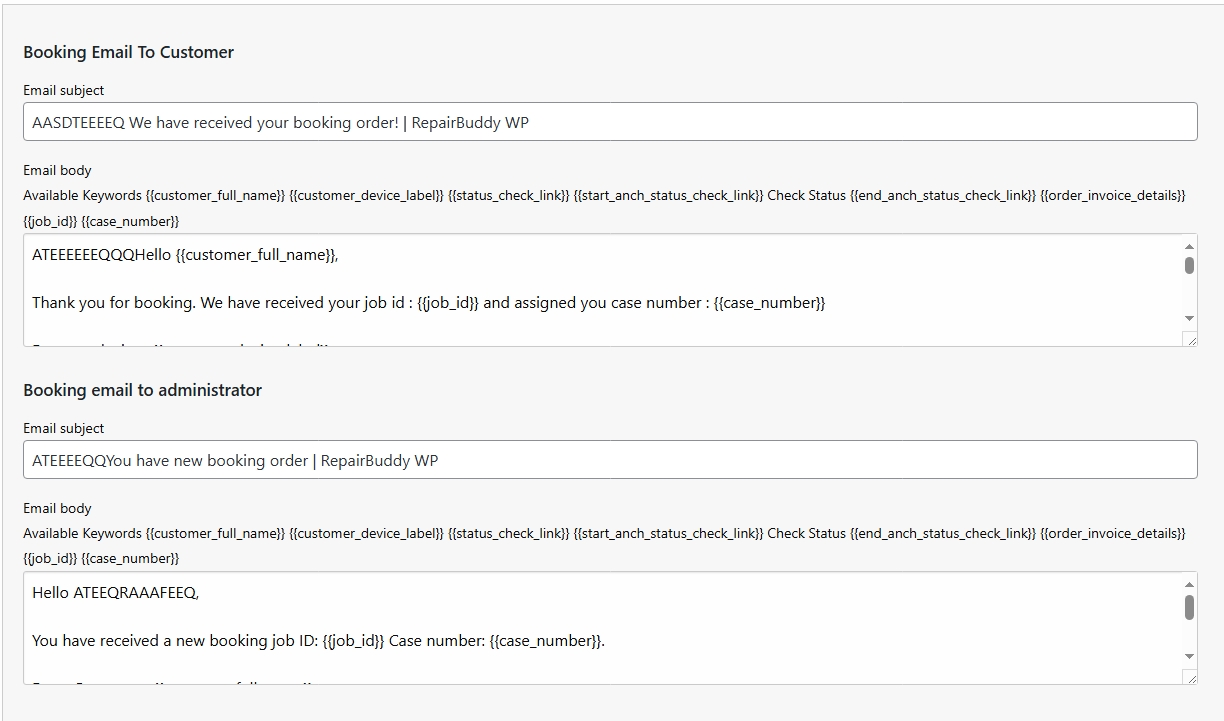 booking email to customer for repair booking