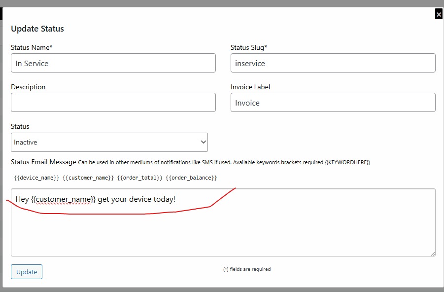custom notification messages from status