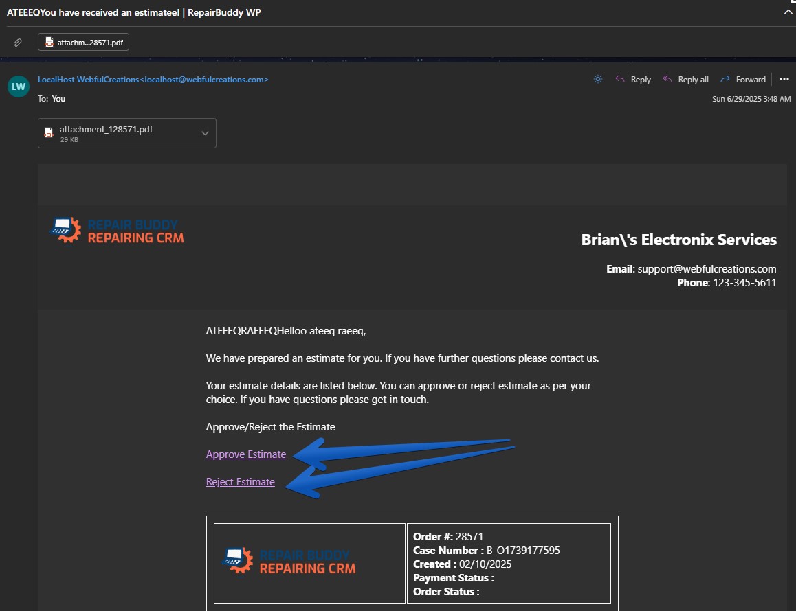 easy estimate approval and rejection through email by customer