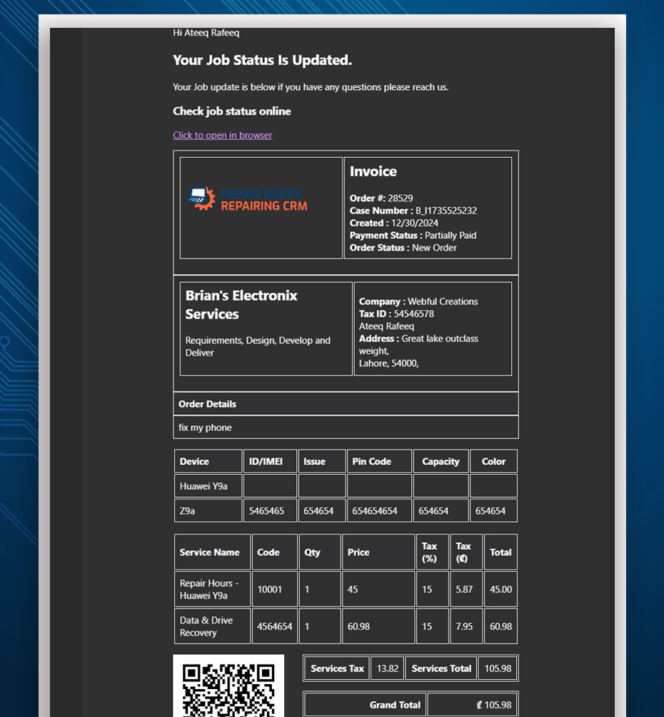 RepairBuddy email notifications to customers