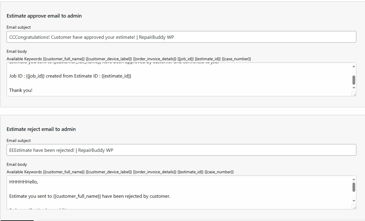 estimate approval and rejection email to administrator