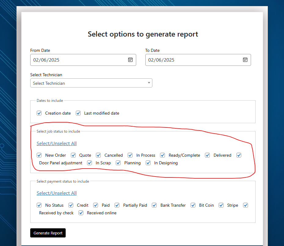 filter reports by job statuses in repairbuddy