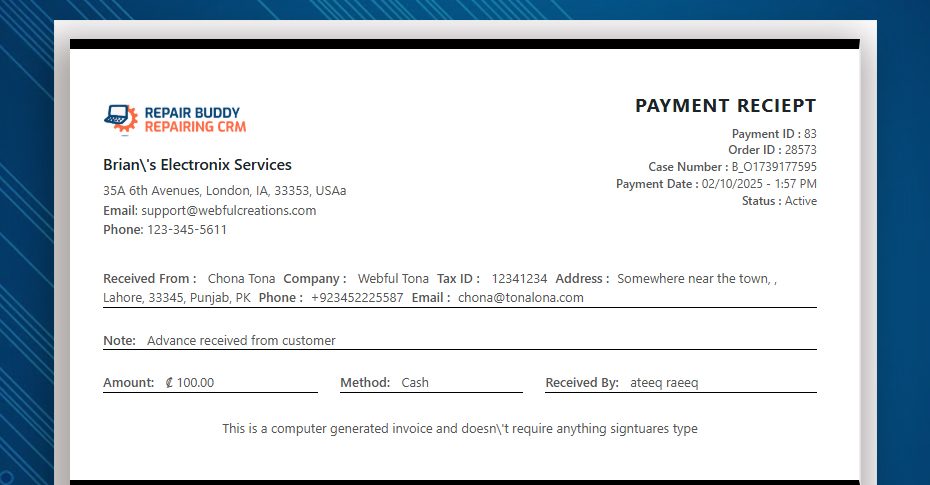 PAyment receipt of repairbuddy