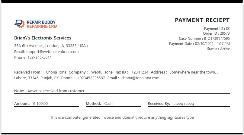 payment receipts for your payments on repairs