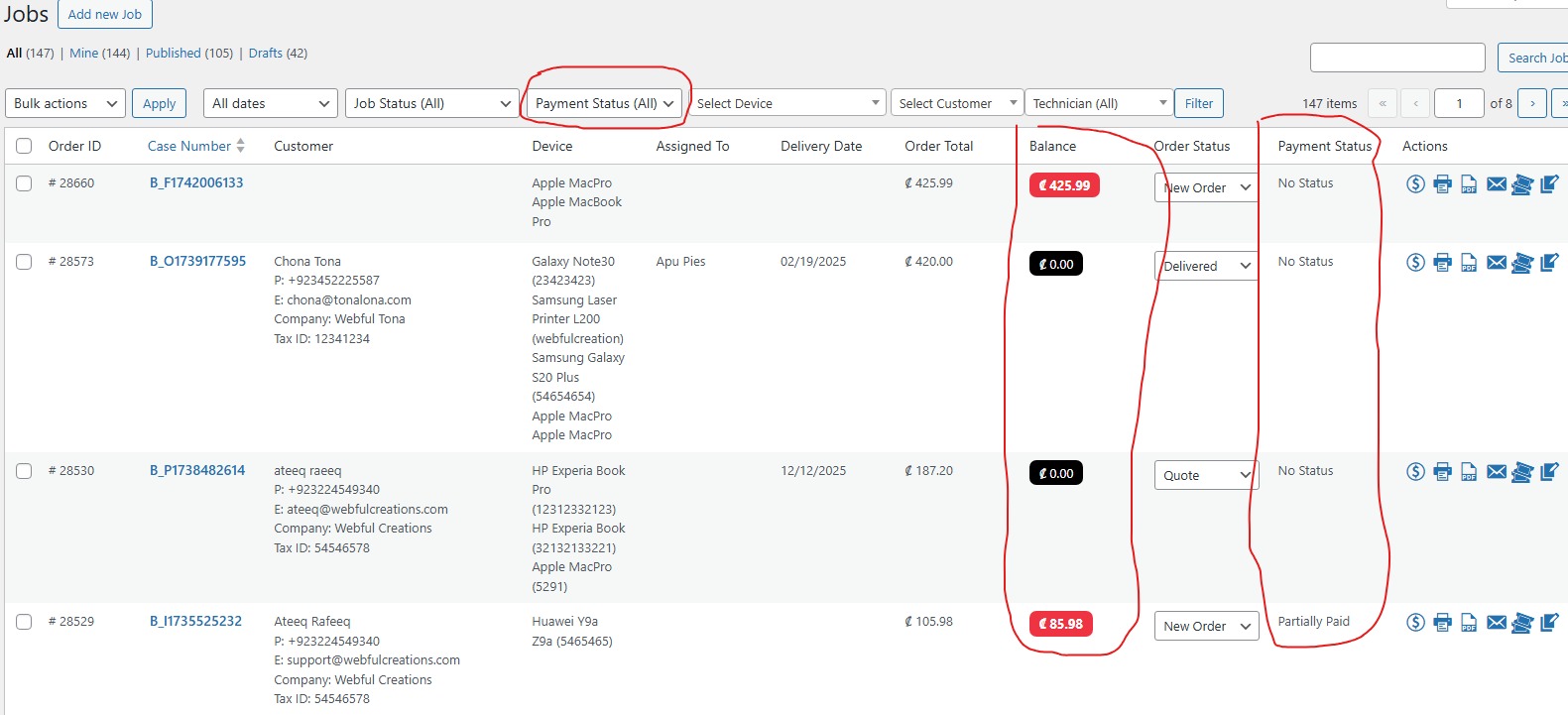 payment status list view