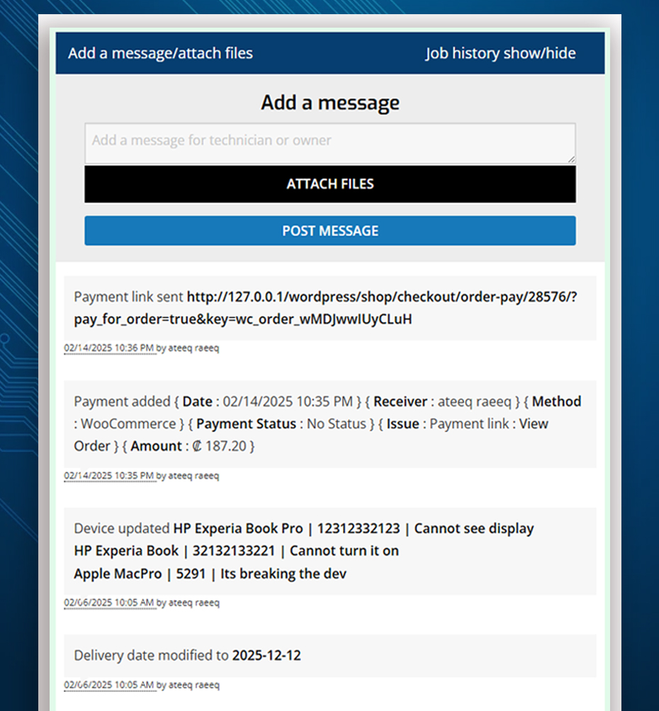 repair history log for customer view