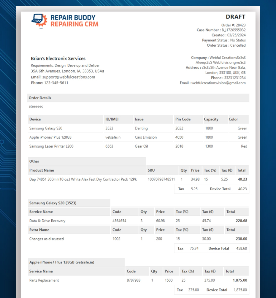 repair invoice device based
