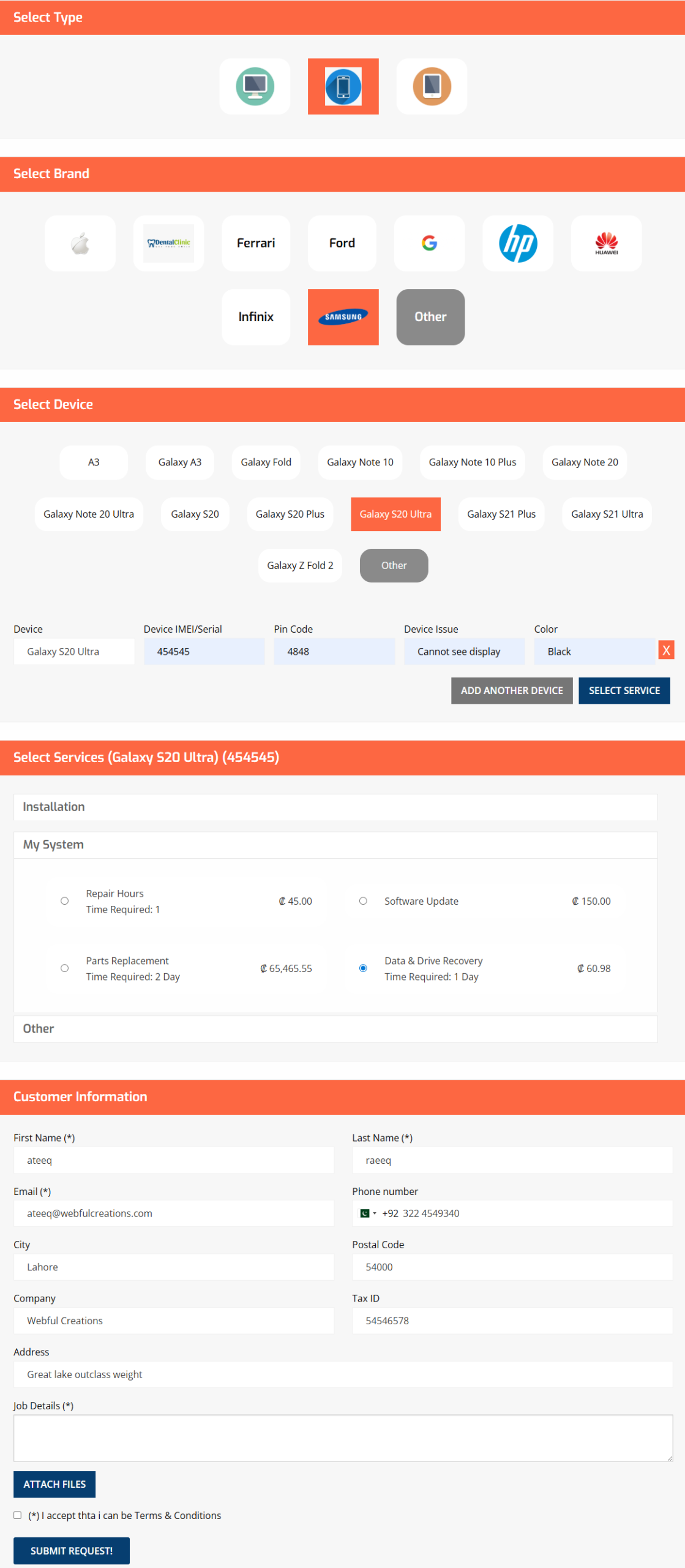 grouped service complete shortcode for repair booking