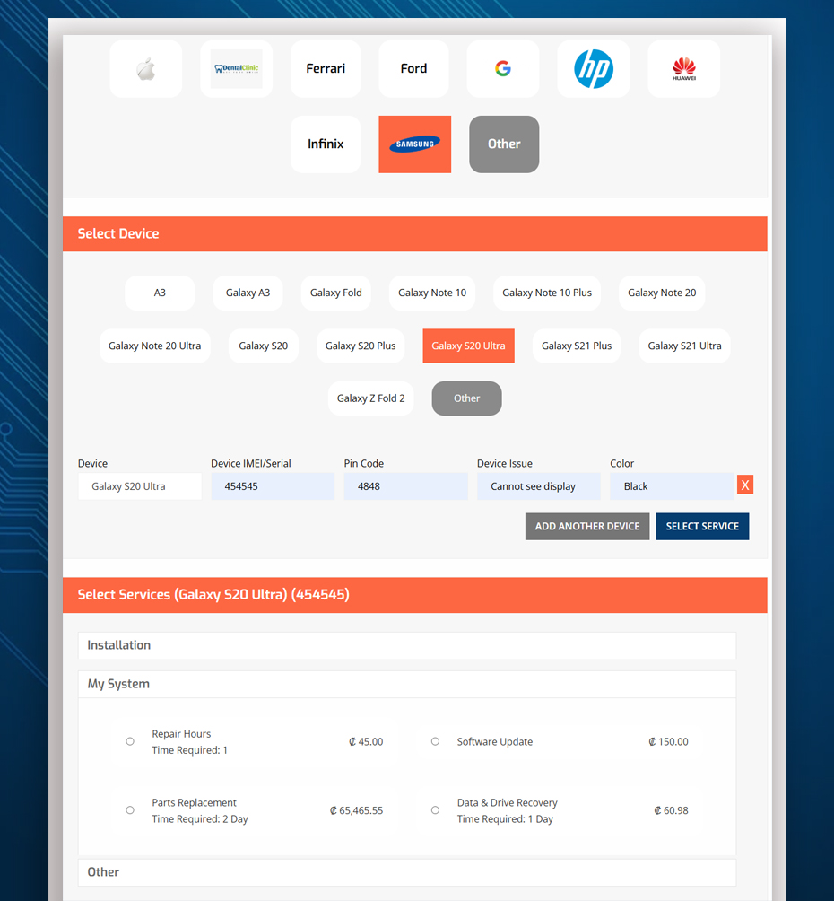 grouped services booking form for repairss