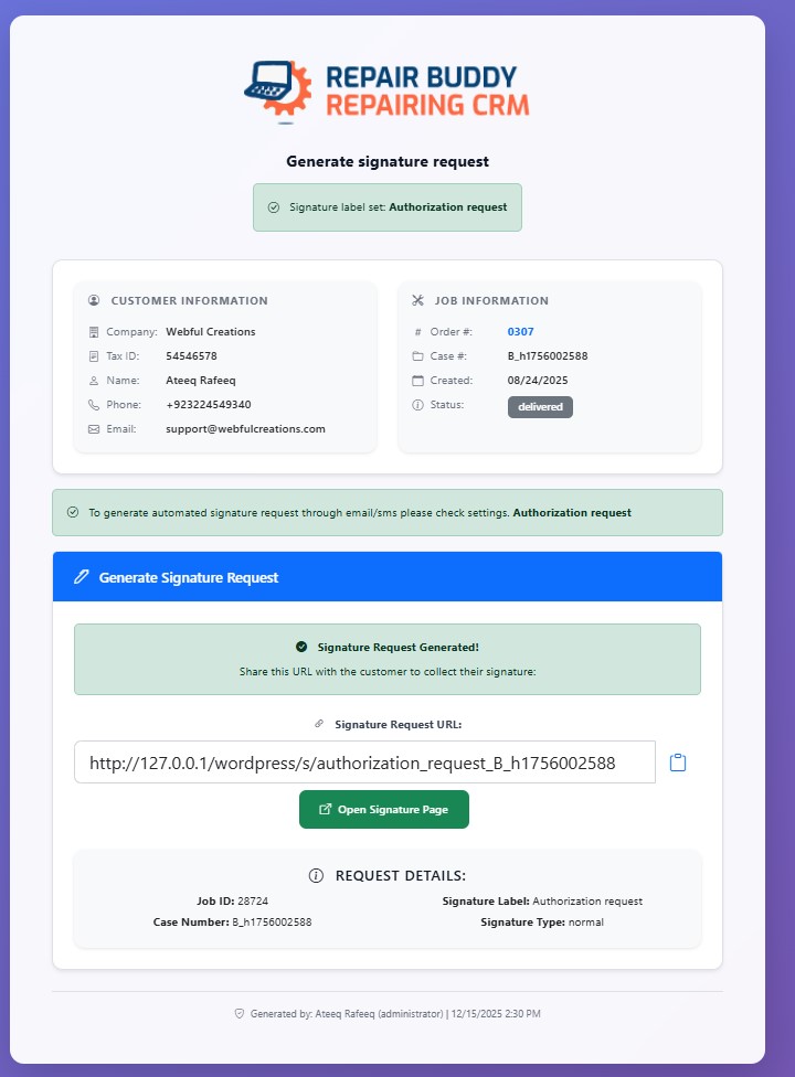 Manual repair order signature request