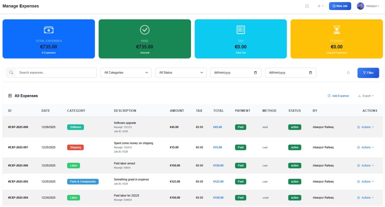 repair shop expenses management