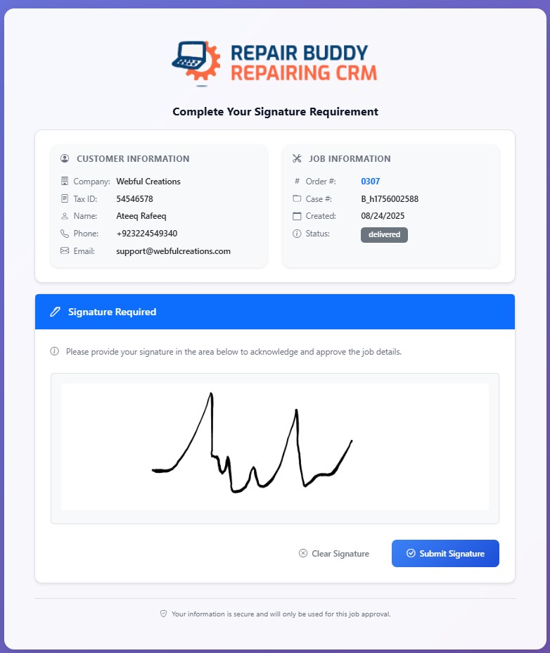 Customer complete signature request manual or automatically sent to them and job status changes accordingly