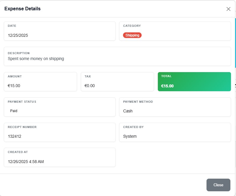 individual expense details in repair shop