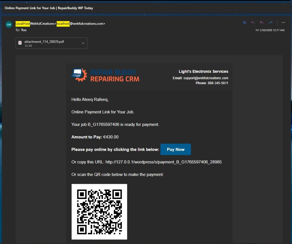 Online payment request sent through RepairBuddy for repair jobs