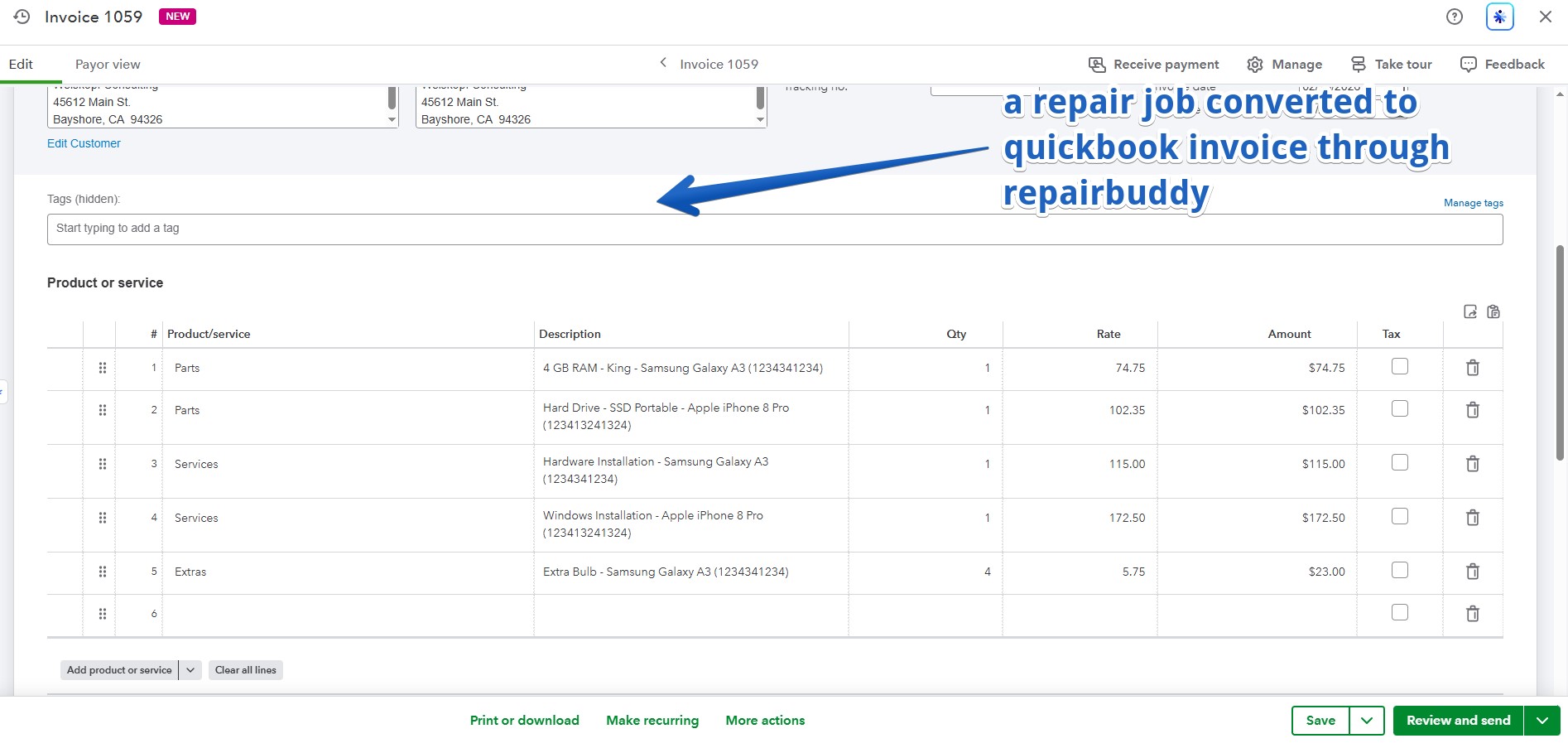 a repair job converted to quickbook invoice through repairbuddy
