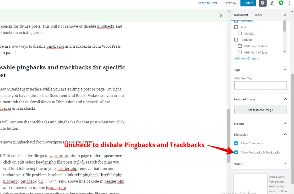 Disable Trackbacks and Pingbacks in WordPress post