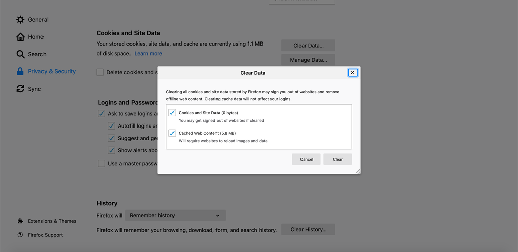 Mozilla Menu button to select clear data