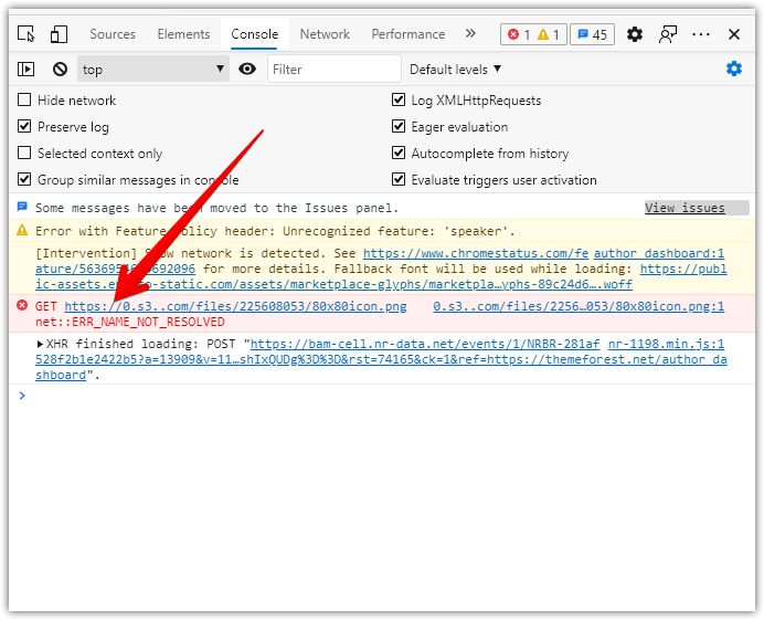 Trace missing files through inspect elements console