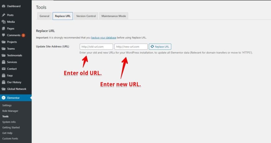 Replace old url with new url in Elementor WordPress plugin
