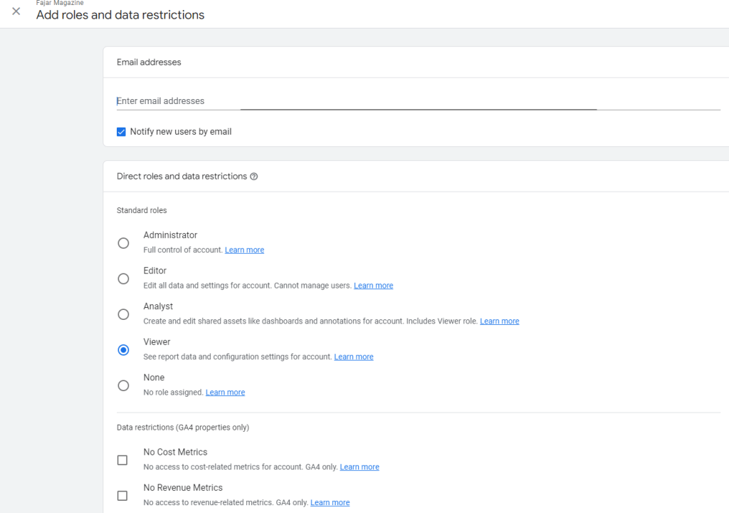 select access management for google analytics roles and permissions
