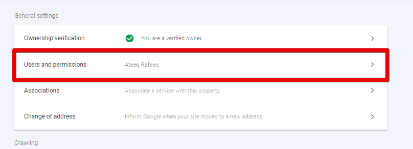 Change user and permission setting to access Google Search Console 