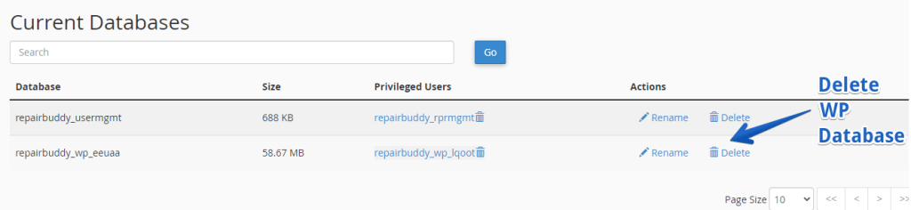 Delete WordPress database