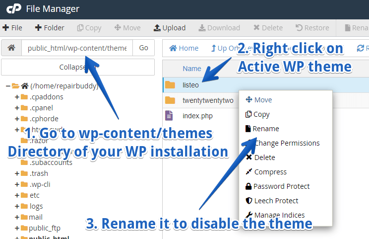 Disable WordPress theme via cPanel file manager