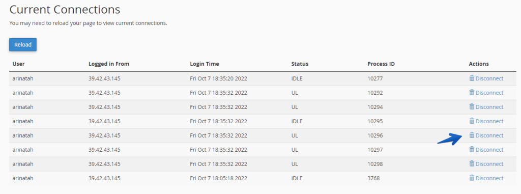 Disconnect current FTP connections in cPanel