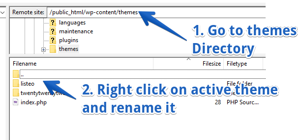 Rename active WordPress theme's directory to disable it via FTP