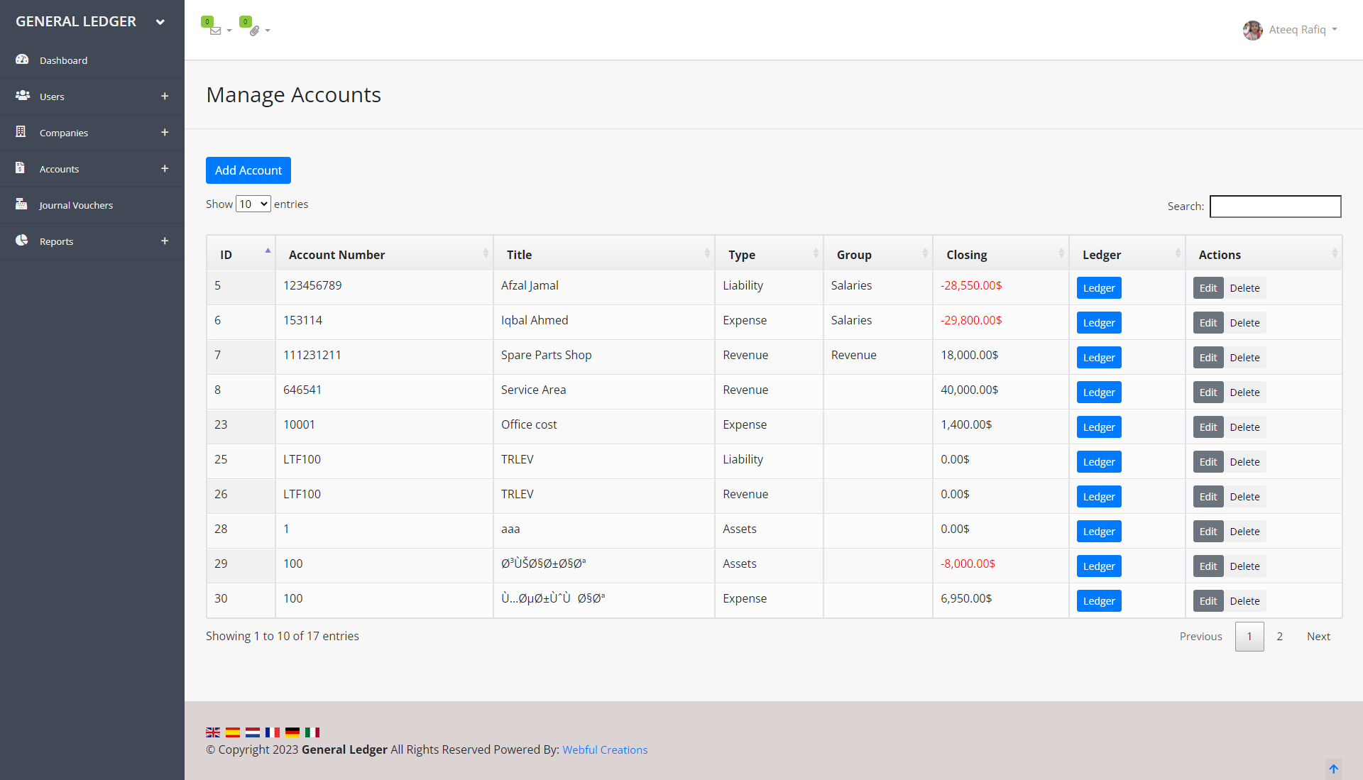 Manage accounts ledgers