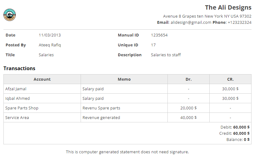 Journal voucher in general ledger accounting