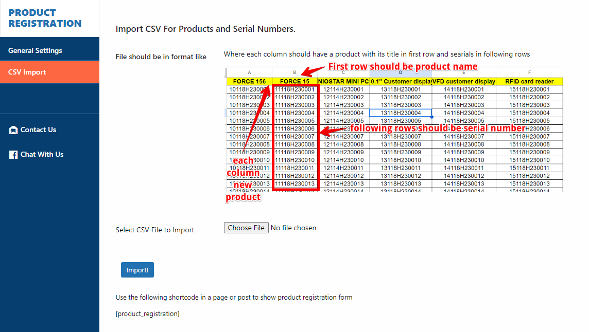 Import products and serial numbers through CSV to Product registration plugin